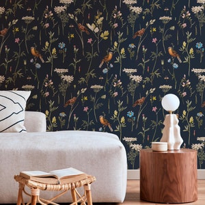 Dark Floral Wallpaper, Night Garden Wallpaper with Birds and Flowers, Elegant Botanical Wallpaper, Removable Wallpaper, Peel and Stick