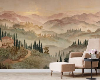 Tuscan Landscape Wallpaper – Watercolor Scenic Peel and Stick Wall Mural