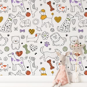 Peel and Stick Dog Wallpaper, Cartoon Dog Print Wall Art, Kids Playroom Wallpaper, Colorful Mixed Breed Dog Mural for Pet Lover’s Gift