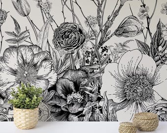 Handgezeichnete botanische Gartentapete, schwarz-weiße Skizze, selbstklebend