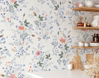 Blue Floral Peel and Stick Wallpaper Botanical Victorian Style Mural