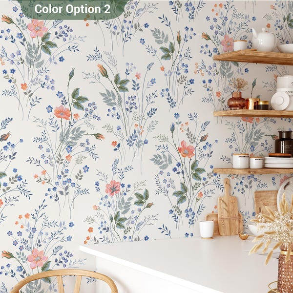 Blue Floral Peel and Stick Wallpaper, Botanical Victorian Style Mural