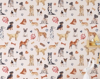 Papel pintado con diseño de perro original, estampado animal en acuarela, fácil de colocar y quitar.