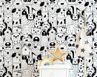 Patchwork Dog Wallpaper, Whimsical Black White Dog Cat Pattern, Removable Wall Mural