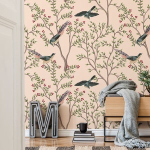 Flower and Bird Vintage Removable Wallpaper, Farmhouse Wall Paper, Tree Branches Oriental Peel & Stick Wallpaper, Home Decor Wall Art, Af016