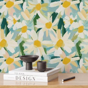 Watercolor Floral Wallpaper for Home Decor, Abstract Yellow Daisy Flowers Wall Art, Vibrant Hand Drawn Peel and Stick Removable Wall Decor