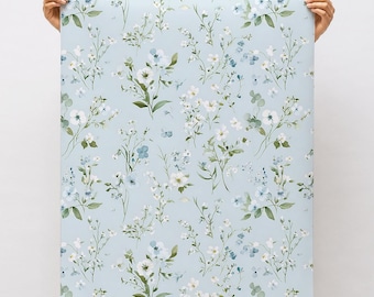 Scandinavian Wallpaper Light Blue Wallpaper Peel and Stick Wall Paper Watercolor Botanical Wall Paper Neutral Floral Moody Wall Decor