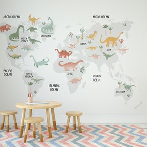 Dinosaur World Map Reusable Peel & Stick Dinosaur Wallpaper for Kids Room / Boys and Girls / Nursery, Jurassic World Map with Continents VK8