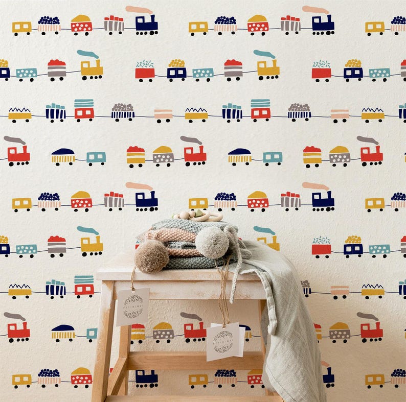 Colorful Train Peel and Stick Playroom Wallpaper Removable Cartoon Mural image 2