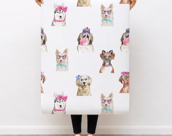 May include: A large sheet of white paper featuring a repeating watercolor pattern of various dog breeds. The dogs are illustrated wearing colorful accessories including pink bows, heart-shaped sunglasses, blue bandanas, and blowing pink bubblegum.