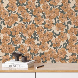 Orange Meadow Floral Wallpaper, Hand Drawn Yellow Flowers Wall Art for Kids’ Room Decor, Retro Style Peel and Stick Removable Wall Mural