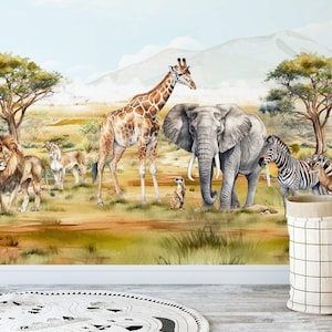 Realistic Safari Mural Wallpaper | Jungle Removable Wallpaper for Kids, Nursery - Dark Botanical, Vintage Forest, Watercolor Landscape