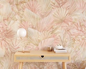 Pink Palm Leaf Peel and Stick Wallpaper, Tropical Mural