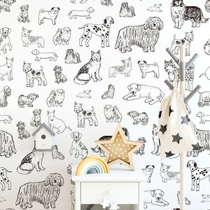Removable Wallpaper Peel and Stick Wallpaper Wall Paper Wall Mural Dog Lovers Nursery Wallpaper - Hand-Drawn Black White Dogs Wallpaper