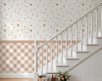 Floral Peel and Stick Wallpaper Wildflower Wallpaper Neutral Plaid Floral Wall Paper Floral Vintage Cottagecore Wall Decor for Living Room