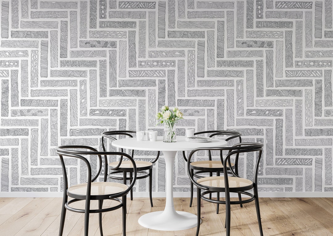 White and Grey Herringbone Wallpaper for Home Neutral Grey Etsy