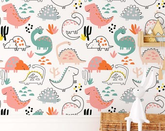 Dinosaur Peel and Stick Wallpaper, Kids Nursery Vinyl Wall Decor (Removable)