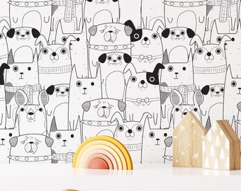 Black & White Dog Heads Sketch Wallpaper Roll | Animal Lover Peel and Stick Removable Wall Mural | Waterproof Pet Drawing Kids Room Decor