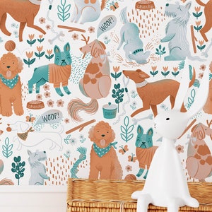 Dog Peel and Stick Wallpaper, Dog Print Wallpaper, Textured Vinyl Self Adhesive Wall Mural, Cartoon Dog Kids Room Wallpaper, Dog Mural Print