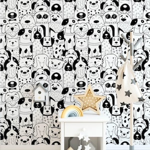 Large Patchwork Dog Peel and Stick Wallpaper, Black & White Whimsical Dog and Cat Pattern - Removable Self Adhesive Wall Mural