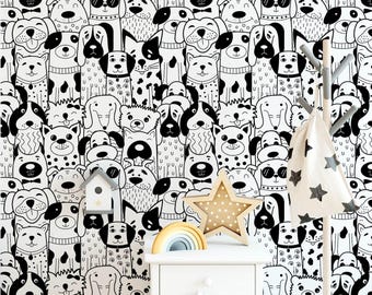Large Patchwork Dog Peel and Stick Wallpaper, Black & White Whimsical Dog and Cat Pattern - Removable Self Adhesive Wall Mural