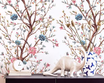 Chinoiserie-Tapete, Kirschblüten-Tapete, selbstklebende Tapete, florale Ranken-Tapete, botanische Vintage-Wanddekoration für Landhausstil