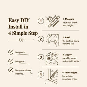 May include: An instructional graphic titled Easy DIY Install in 4 Simple Steps. It features four numbered icons showing measuring, peeling backing, applying panels, and trimming edges. Text notes no paste, no glue, and no professional needed.