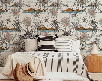 Tropical Island Palm Tree Wallpaper | Coastal Botanical Wall Decor (Self Adhesive)