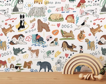 Self-Adhesive Dog Wallpaper, Colorful Cartoon Animal Mural, Kids Room Decor