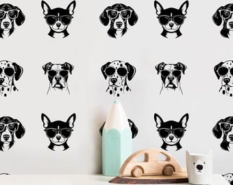 Black and White Dog Face Wallpaper, Modern Animal Peel & Stick Wall Decor
