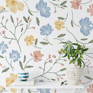Spring Wild Floral Wallpaper for Nursery, Bedroom, Scandinavian Daisy Meadow Wall Art, Peel and Stick Removable Wall Mural for Home Decor