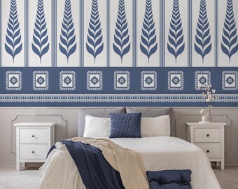 Blue Botanical Leaf Wallpaper, Vintage Nordic Peel and Stick Mural, Accent Wall Decor