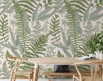 Puede incluir: Papel pintado con un patrón botánico de helechos verdes y hojas alargadas sobre un fondo crema claro. El diseño incluye un recuadro rectangular verde en la parte superior con el texto blanco Customizable Pattern Scale.