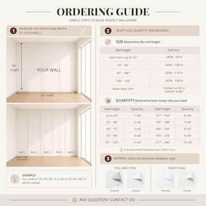 May include: An ordering guide for wallpaper featuring three steps. Step 1 shows a diagram of a wall with 96-inch height and 120-inch width. Step 2 provides tables for roll size and quantity based on wall height. Step 3 lists peel and stick or traditional materials.