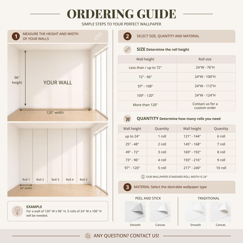 May include: An ordering guide for wallpaper featuring three steps. Step 1 shows a diagram of a wall with 96-inch height and 120-inch width. Step 2 provides tables for roll size and quantity based on wall height. Step 3 lists peel and stick or traditional materials.