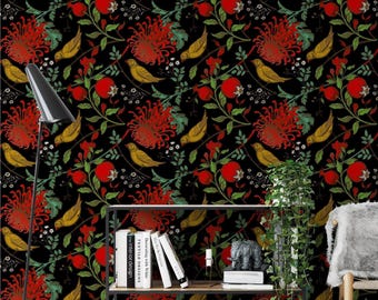 Dark Floral Peel and Stick Wallpaper, Red Rose Botanical Mural, Removable Self Adhesive Decor
