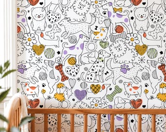 Dog and Cat Doodle Wallpaper Kids Room Decor Peel and Stick