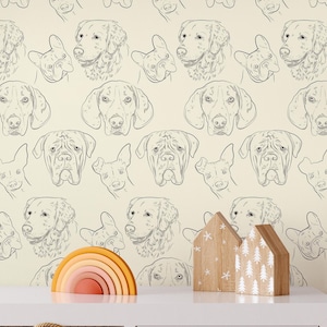 Cute Dog Hand Drwan Wall Mural | Peel and Stick Wallpaper Removable | Traditional Pre-Pasted Self-Adhesive Animal Dog Wallpaper