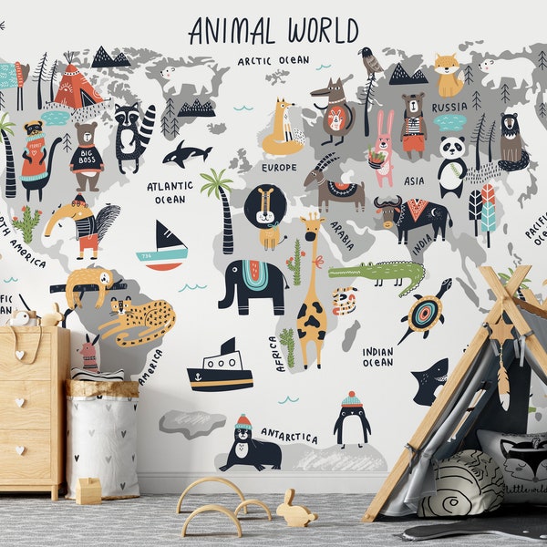 Adorable Animal World Map Mural for Kids Room | Travel-Themed Educational Watercolor Map Removable Wallpaper For Nursery, Playroom - Vinyl