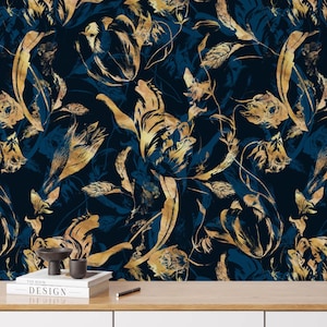 Peel and Stick Wallpaper, Royal Botanical Gold Peonies Wallpaper, Luxury Twigs with Leaves Wall Art for Bedroom Decor, Abstract Wallpaper