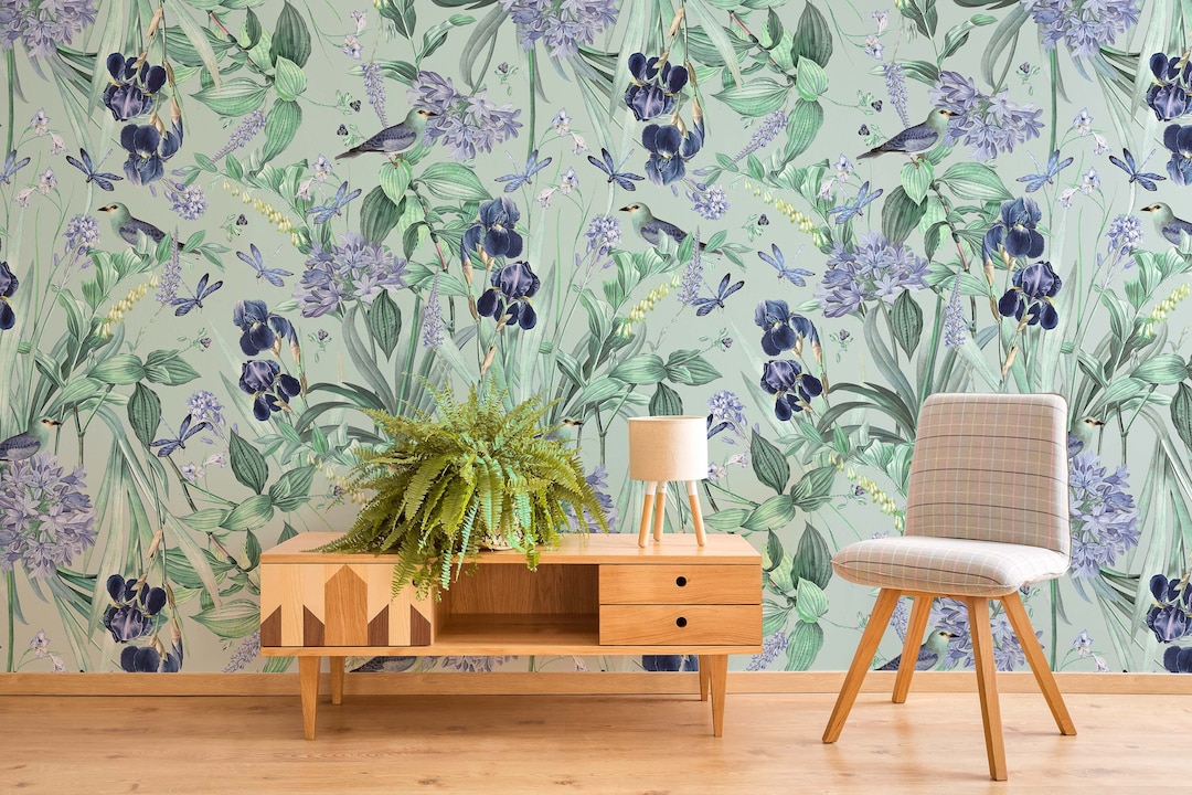 Pale Green Wallpaper With Birds and Dragonflies Purple Etsy