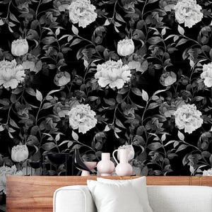 Black and White Dark Wallpaper | Black & White Floral , Art Deco Kitchen Decor, Removable Peel-Stick Design with Elegant Leaf Motif