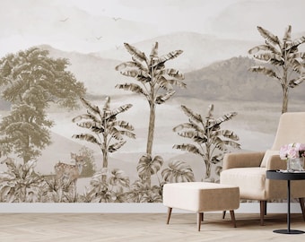 Self Adhesive Watercolor Wallpaper | Tropical Banana Trees Wall Mural | Nature-Inspired Peel and Stick Interior Decor