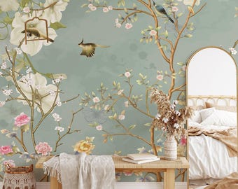 Chinoiserie Bird Blossom Wallpaper Peel Stick Floral Bohemian Wall Mural