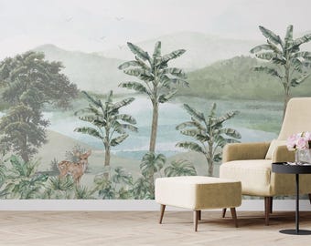 Tropical Mural Wallpaper | Mountain Lake Landscape | Banana Leaf Palm | Self Adhesive Wallpaper | Removable Nature Scene