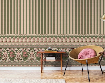 Vintage Tropical Wallpaper in Peel and Stick Featuring Victorian Border Floral Stripe Removable Cottage Home Decor