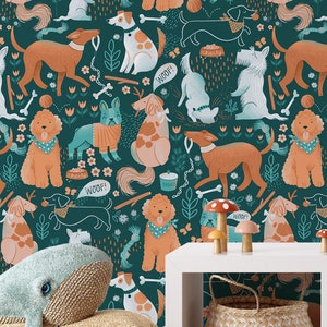 Cartoon Dog Wallpaper for Nursery, Playroom, Seamless Pattern Colorful Dog Wall Art for Pet Lovers, Peel and Stick Self-Adhesive Wall Mural