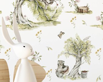 Nursery Wallpaper in Peel and Stick Featuring Watercolor Colorful Forest Animal Removable Wall Mural for Kids Room, Nursery