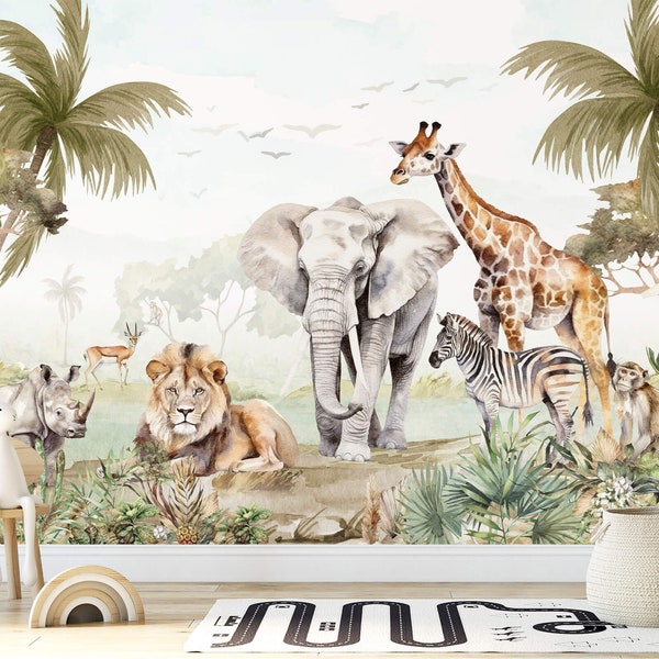 Kids Safari Jungle Mural Wallpaper | Tropical Forest Animals Colorful Wallpaper For Nursery, Kidsroom & Playroom Decor - Washable Wall Art