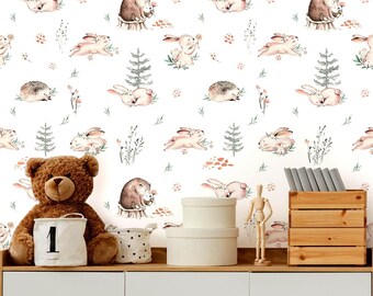 Nursery Wallpaper Rabbit Bear Removable Wall Mural for Kids Room